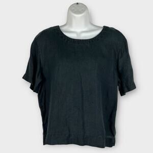Ojai 100% linen black short sleeve boxy cut womens top blouse lagenlook Medium